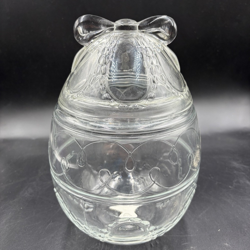 Vintage Anchor Hocking Glass Large Easter Egg Canister Jar Bow on Top USA Made
